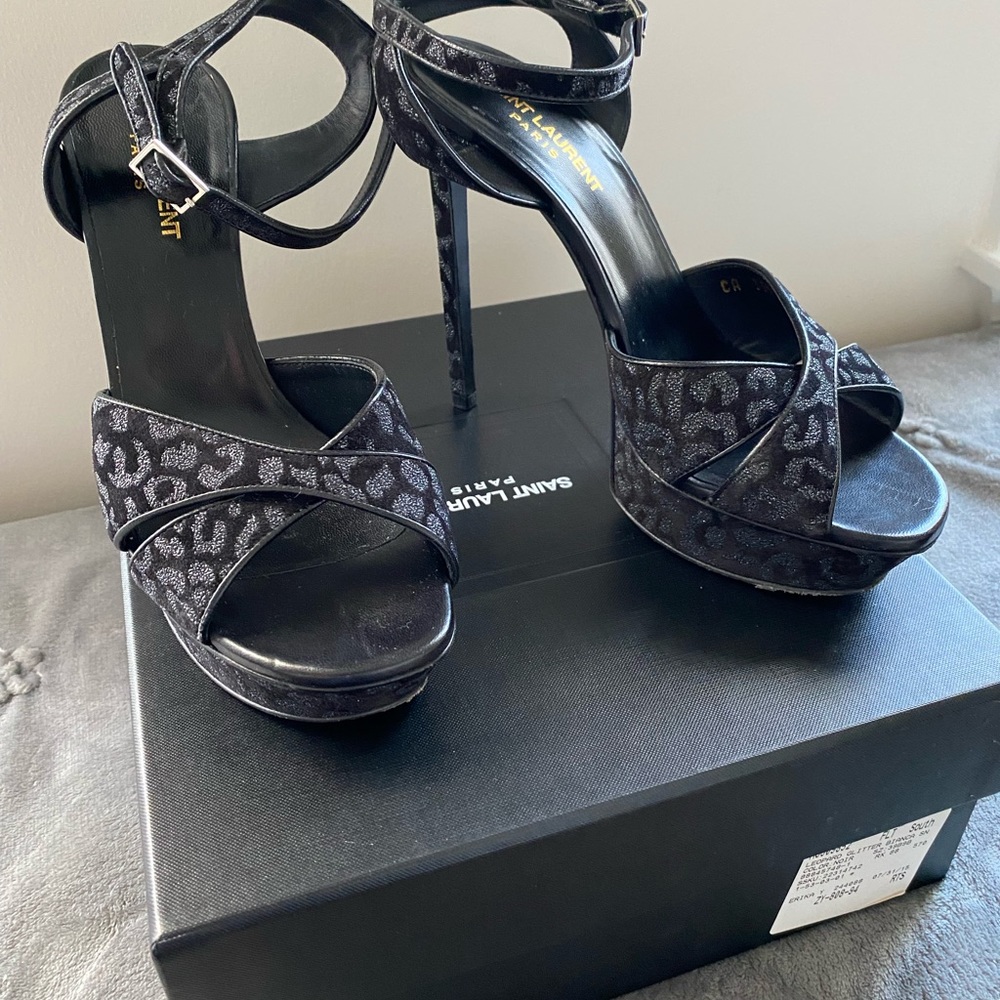 Saint Laurent Black Leopard Glitter Platform sandal